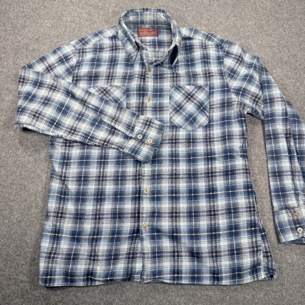 Kingsport Vintage Mens Blue Plaid Flannel Button Down Shirt Size M 100% Cotton